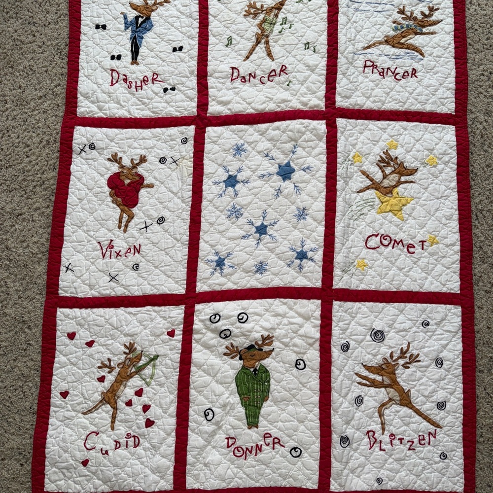 Vintage RARE Pottery Barn Kids Christmas Reindeer Baby Quilt